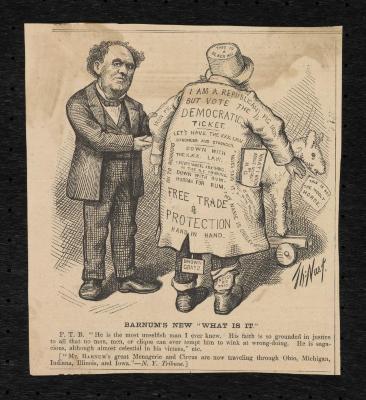Illustration: "NY Tribune political cartoon by Thomas Nast, titled "'Barnum's New 'What Is It'"