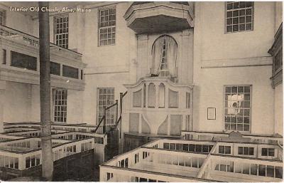 Postcard of the interior of Old Church, Alna, Maine