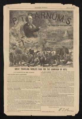 Advertisement: Ad for "P. T. Barnum's 'The World in Contribution'" in Harper's Weekly, March 29, 1873