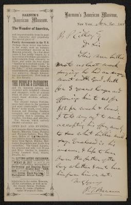Letter: To B.P. Cilley from P.T. Barnum, November 20, 1861