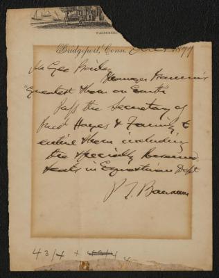 Letter: Mr Raider[?] from P.T. Barnum, October 2[?] 1877