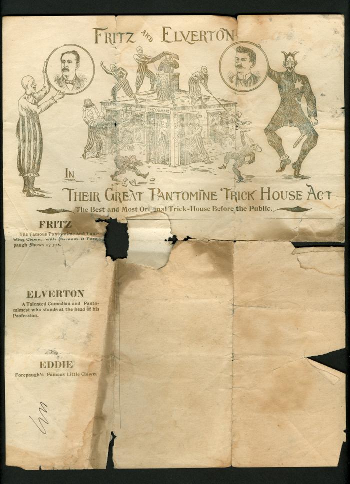 Advertisement: Letterhead promoting the Great Pantomine Trick House Act by Fritz and Elverton