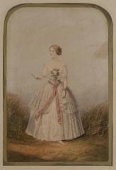 Print: Portrait of "Jenny Lind" in a white dress with rose pink  sash