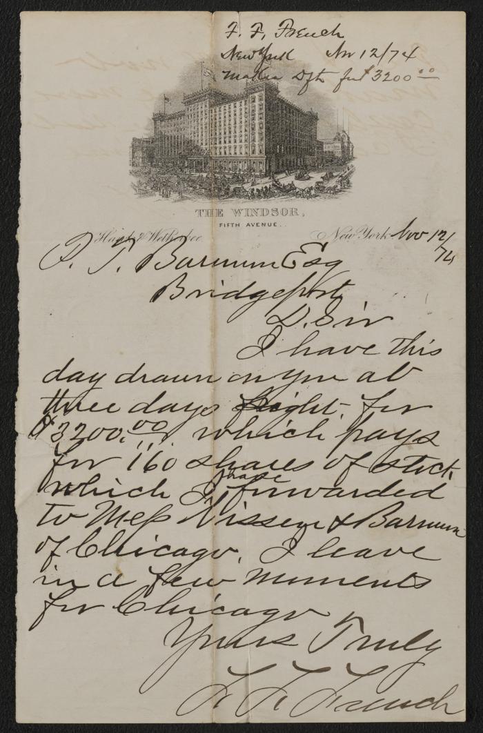 Letter: To P.T. Barnum from F. F. French, November 12, 1874