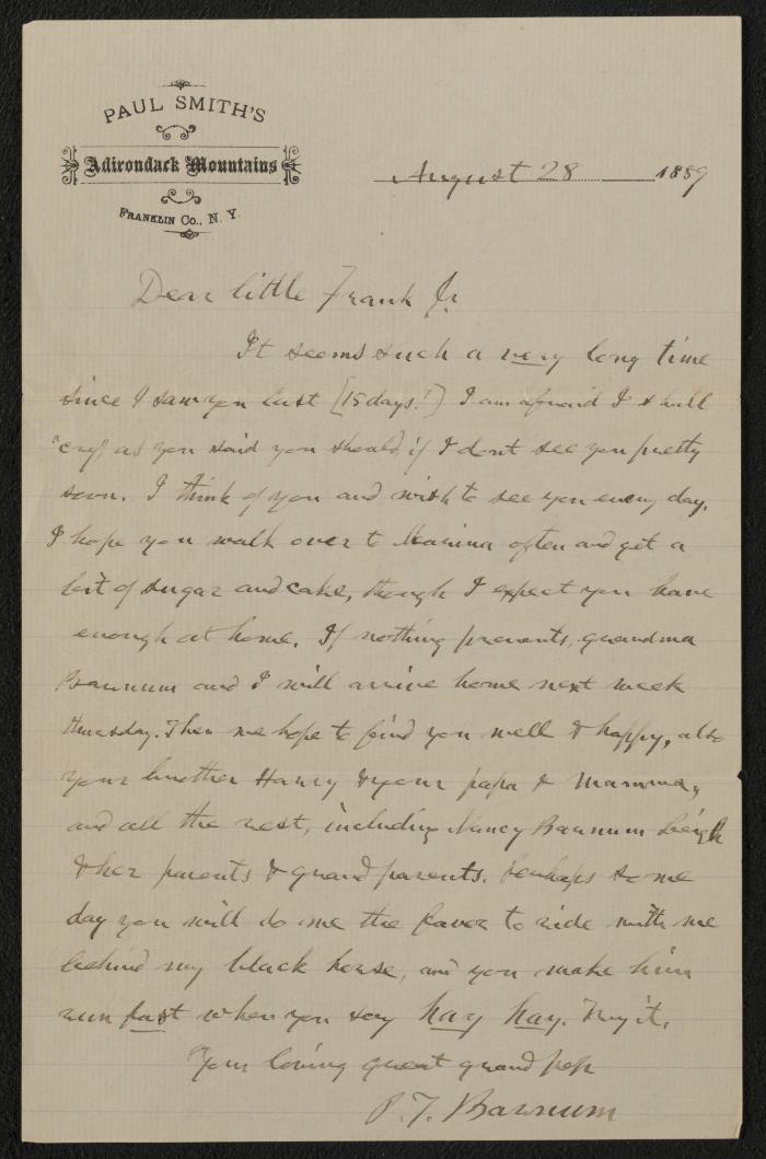 Letter: Dear little Frank Jr. from P.T. Barnum, August 28, 1889