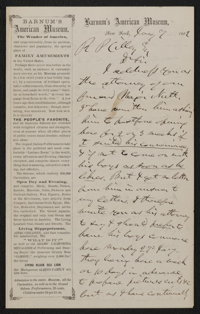 Letter: To B.P. Cilley from P.T. Barnum, January 7, 1862