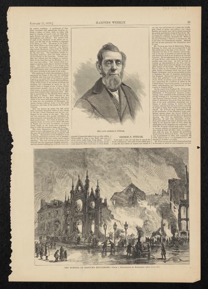 Newspaper: Harper's Weekly for January 11, 1873 with illustration entitled "The Burning of Barnum's Hippodrome"