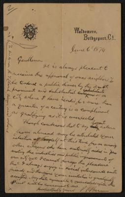 Letter: To J.R. Clarke and others from P.T. Barnum, June 6, 1874