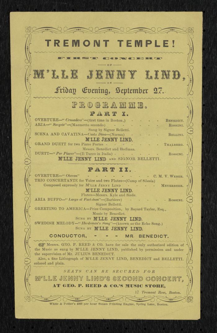 Program: Program for "First Concert of M'lle Jenny Lind" at Tremont Temple, Boston