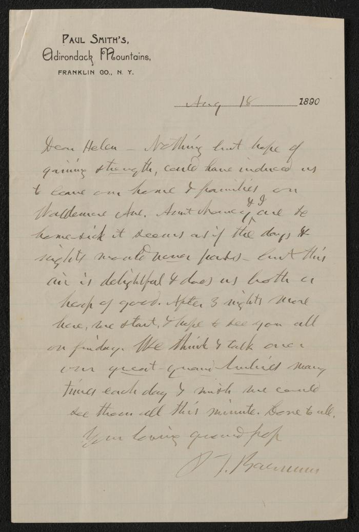 Letter: Dear Helen from P.T. Barnum, August 18, 1890