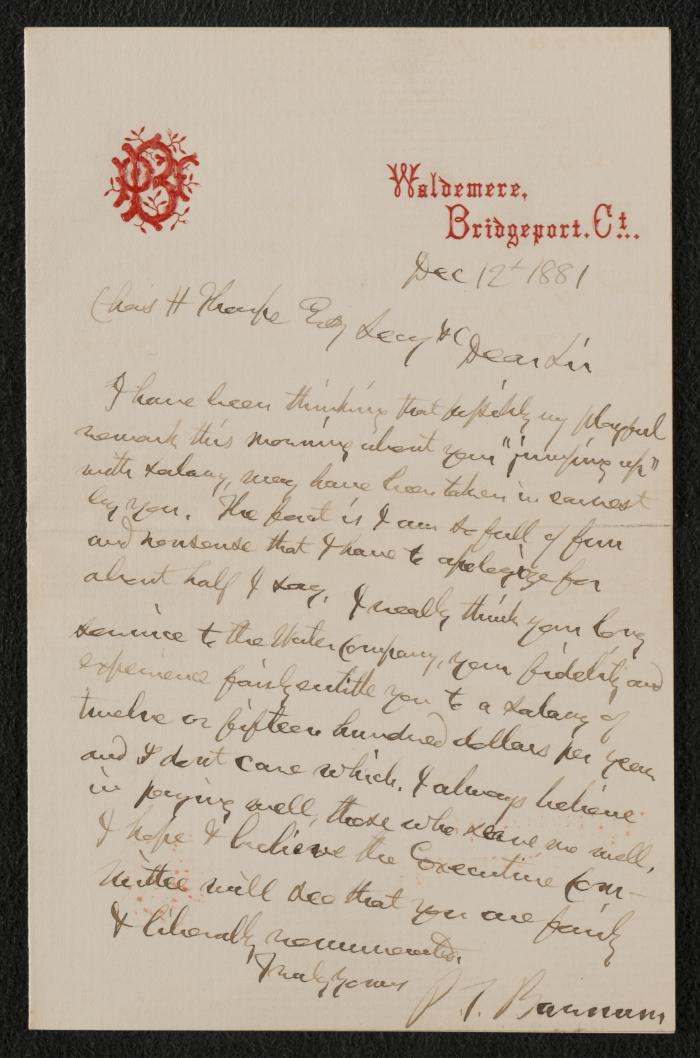 Letter: To Charles H. Thorpe from P.T. Barnum, December 12, 1881