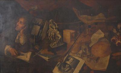 Painting: Still Life with Thinker, copy of a 17th century vanitas painting
