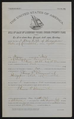 Document: Bill of Sale of Licensed Vessel from Henry H. Pyle to P.T. Barnum, 1889