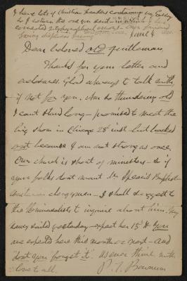 Letter: To beloved old gentleman from P.T. Barnum, June 4, 1890