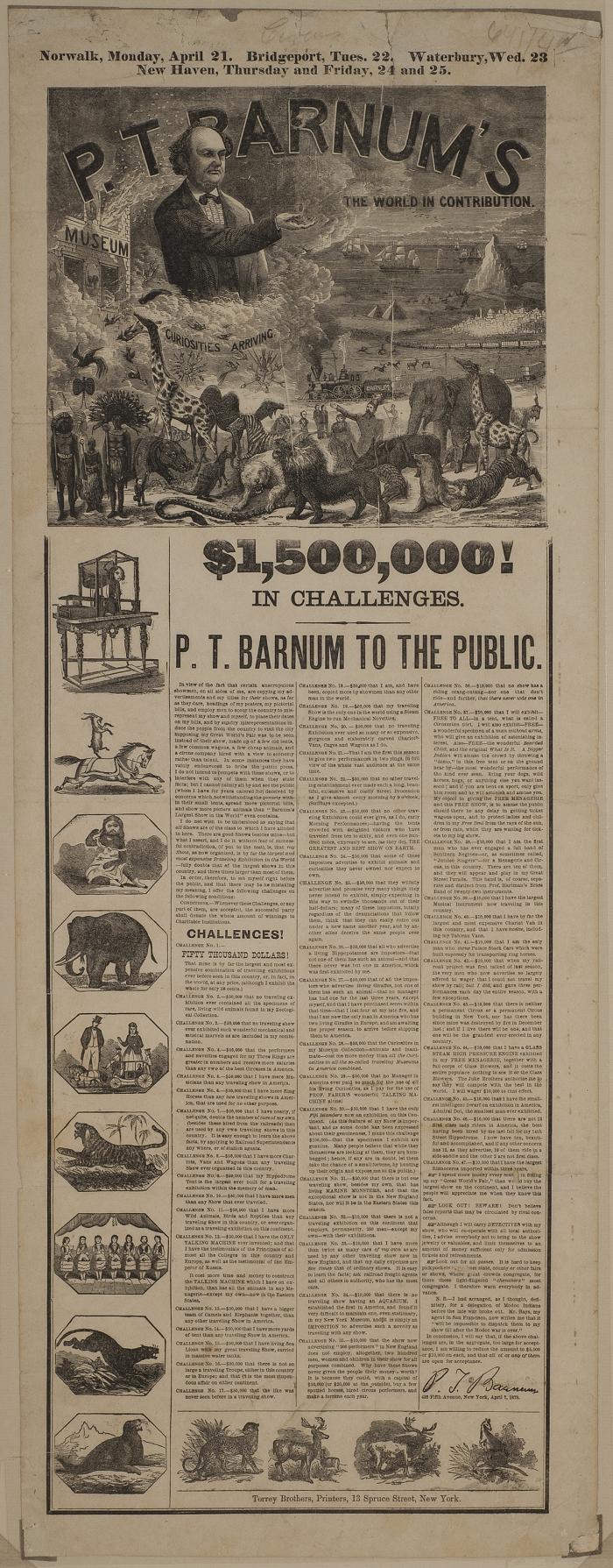 Advertisement: Broadside "'$1,500,000! in Challenges' - P.T. Barnum to the Public"