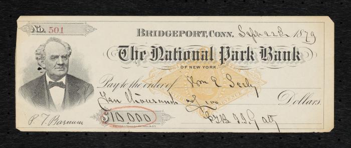 Check: Check from The National Park Bank of New York with image of P.T. Barnum, 1879