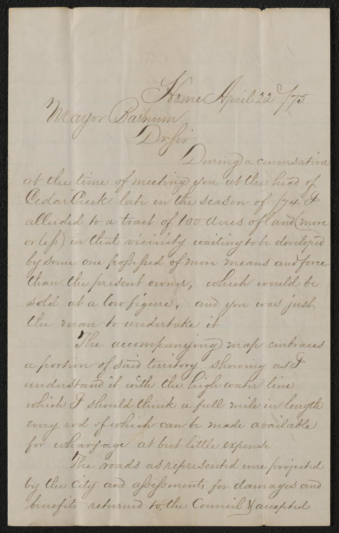 Letter: To Mayor Barnum, from N.S Wordin, April 22, 1875