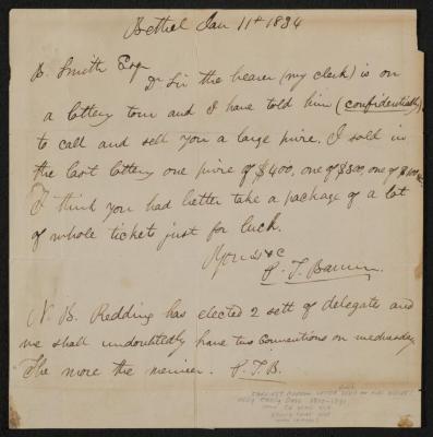 Letter: To Mr. Smith from P.T. Barnum, January 11, 1834