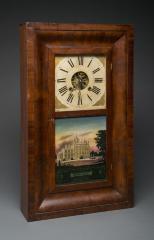 Clock: Mantel clock with glass panel featuring Barnum's Iranistan home