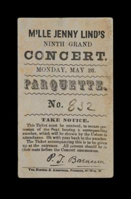Ticket: "M'lle Jenny Lind's Ninth Grand Concert Ticket"