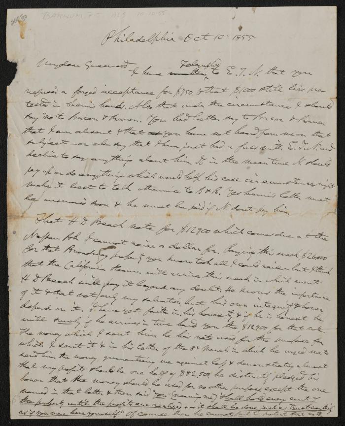 Letter: My dear Greenwood from P.T. Barnum, October 10, 1855