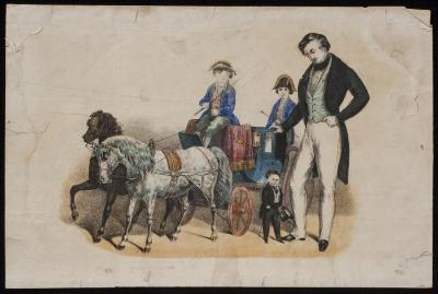 Print: Charles S. Stratton (General Tom Thumb ) next to his miniature carriage