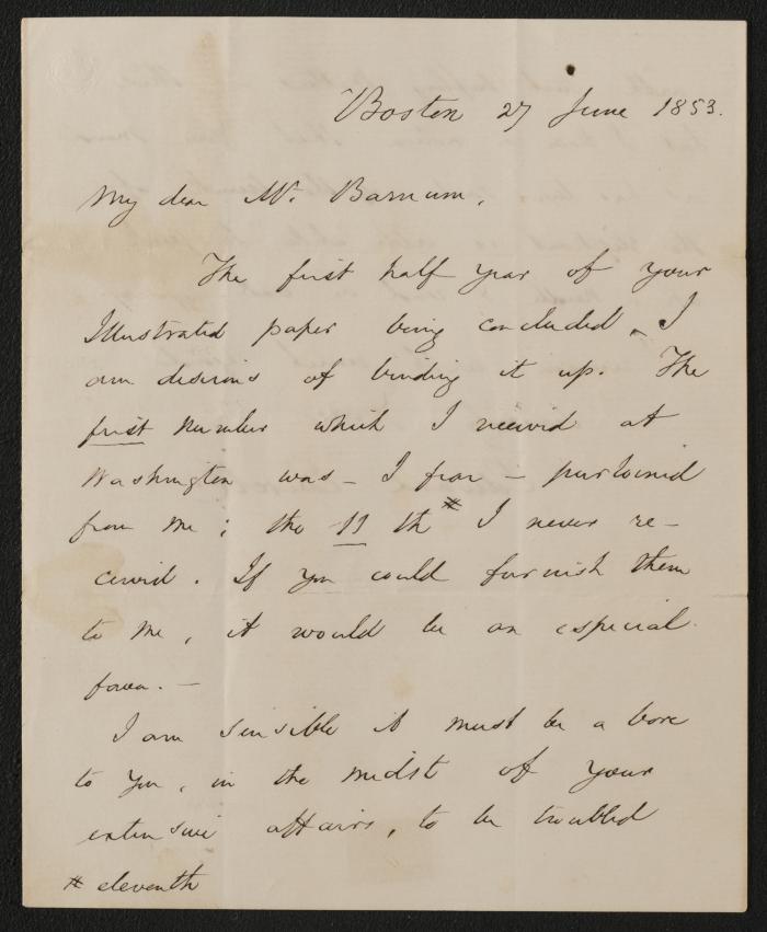 Letter: To P.T. Barnum from Edward Everett, June 27, 1853