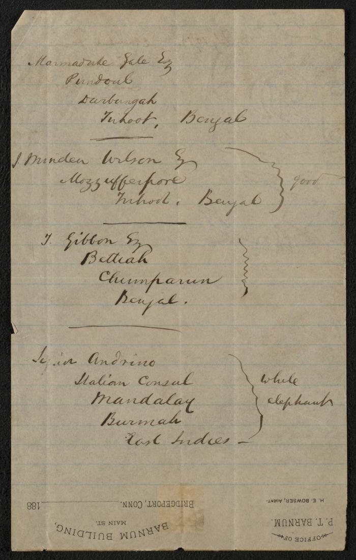 Document: Note written by P.T. Barnum regarding elephants, February 20, 1882