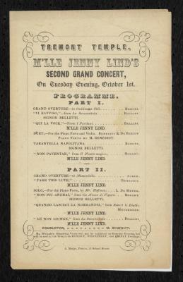 Program: Program for Jenny Lind's First and Second Grand Concerts at Tremont Temple, Boston