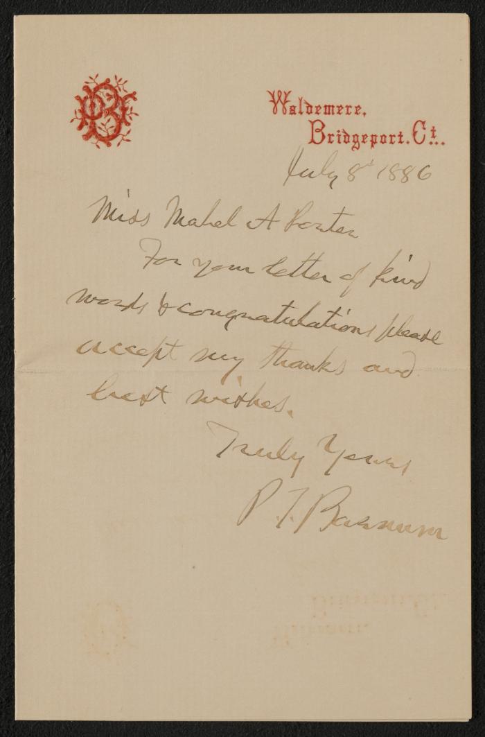 Letter: To Miss Mabel Porter from P.T. Barnum, July 8, 1886