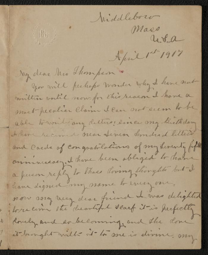 Letter: My dear Mrs. Thompson from M. Lavinia Warren, April 1, 1917