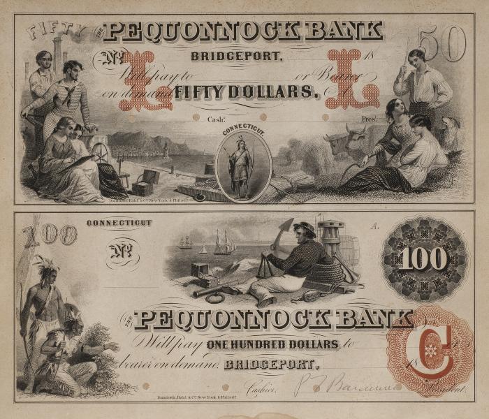 Document: Pequonnock Bank banknotes with signature of P.T. Barnum