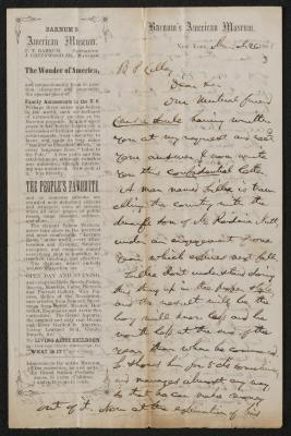 Letter: To B.P. Cilley from P.T. Barnum, March 26, 1861