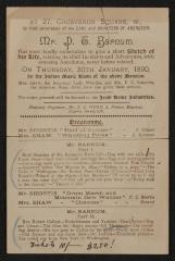 Advertisement: Handbill for lecture given by P. T. Barnum at Grosvenor Square, January 30, 1890