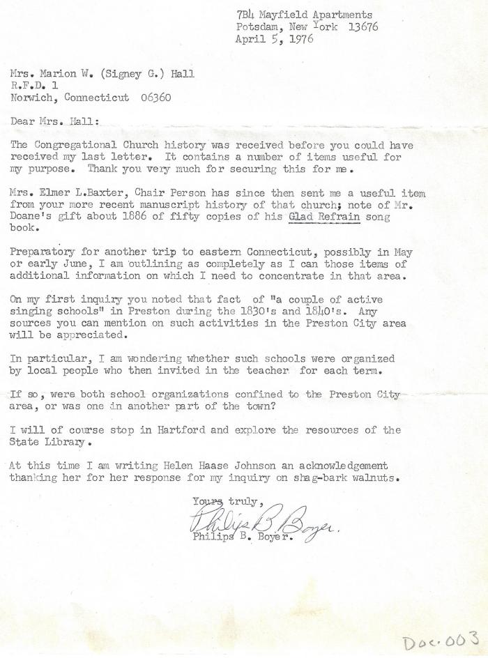 Letter from Phillips B. Boyer