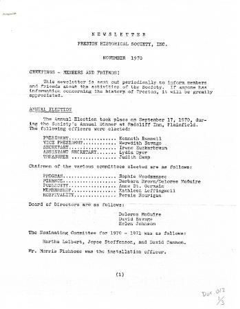 Preston Historical Society Newsletter Nov. 1970