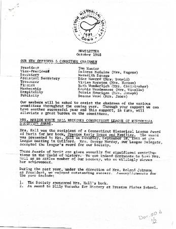 Preston Historical Society Newsletter Oct. 1968