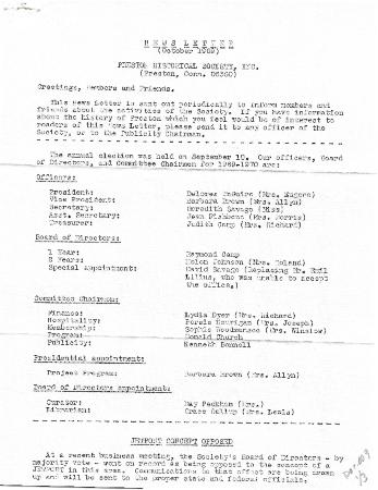 Preston Historical Society Newsletter Oct. 1969