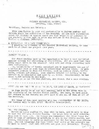 Preston Historical Society Newsletter Feb. 1970