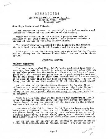 Preston Historical Society Newsletter Feb. 1969