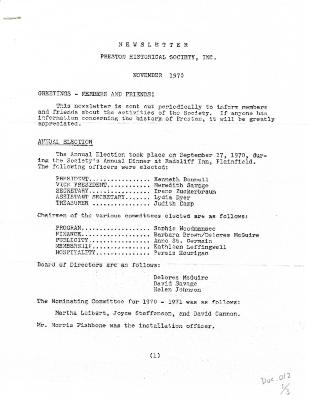 Preston Historical Society Newsletter Nov. 1970