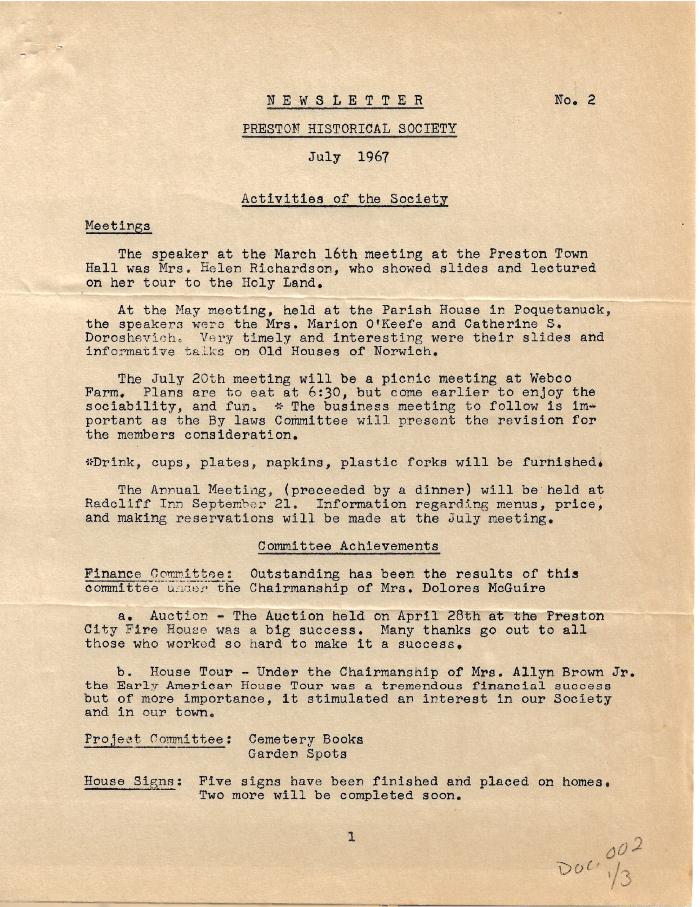 Preston Historical Society Newsletter July 1967
