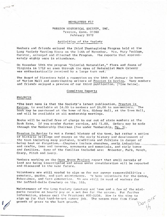 Preston Historical Society Newsletter Feb. 1972