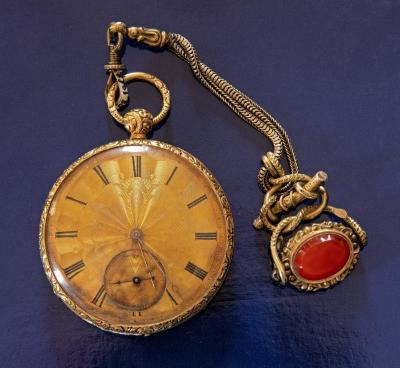 Arnold McCabe Gold Pocket Watch w/ Cherub, Chain, & 2 Keys