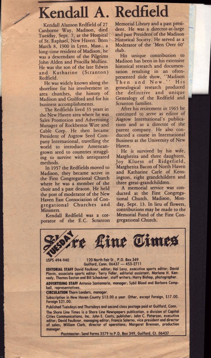 Connecticut Collections Document Newspaper "Kendall A. Redfield