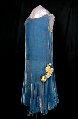 Gown, Blue Velvet with Flowers 