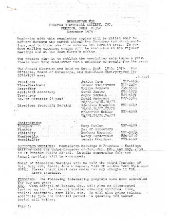Preston Historical Society Newsletter Nov. 1976