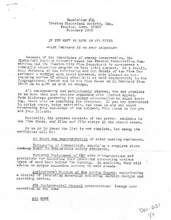 Preston Historical Society Newsletter Feb. 1978
