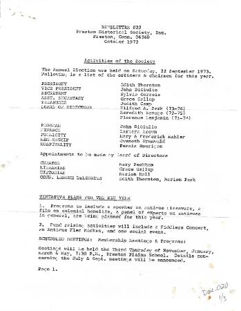 Preston Historical Society Newsletter Oct. 1973