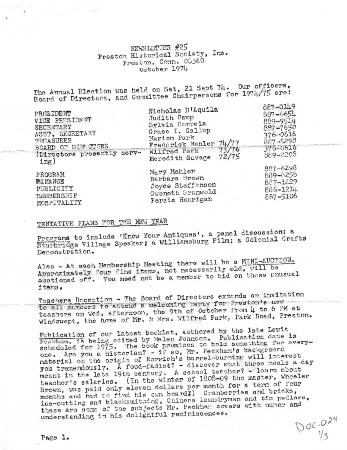 Preston Historical Society Newsletter Oct. 1974
